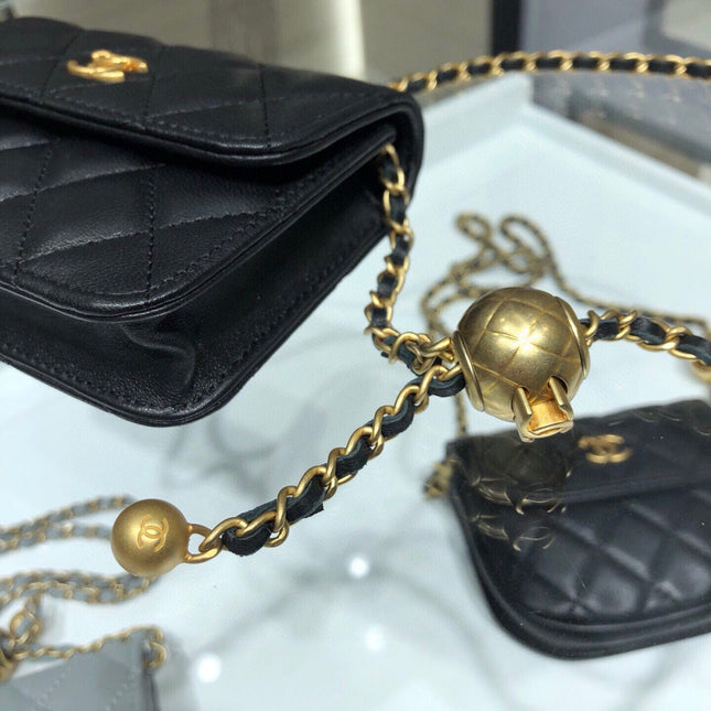 MINI FLAP BAG 12 IN BLACK QUILTED LAMBSKIN GOLD HARDWARE