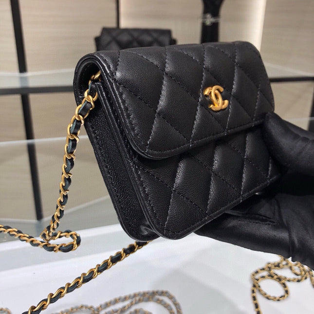 MINI FLAP BAG 12 IN BLACK QUILTED LAMBSKIN GOLD HARDWARE