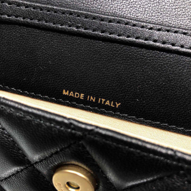 MINI FLAP BAG 12 IN BLACK QUILTED LAMBSKIN GOLD HARDWARE