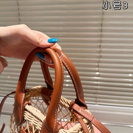 WOVEN HOLLOW BAG 18 IN BEIGE RATTAN AND BROWN CALFSKIN TRIM