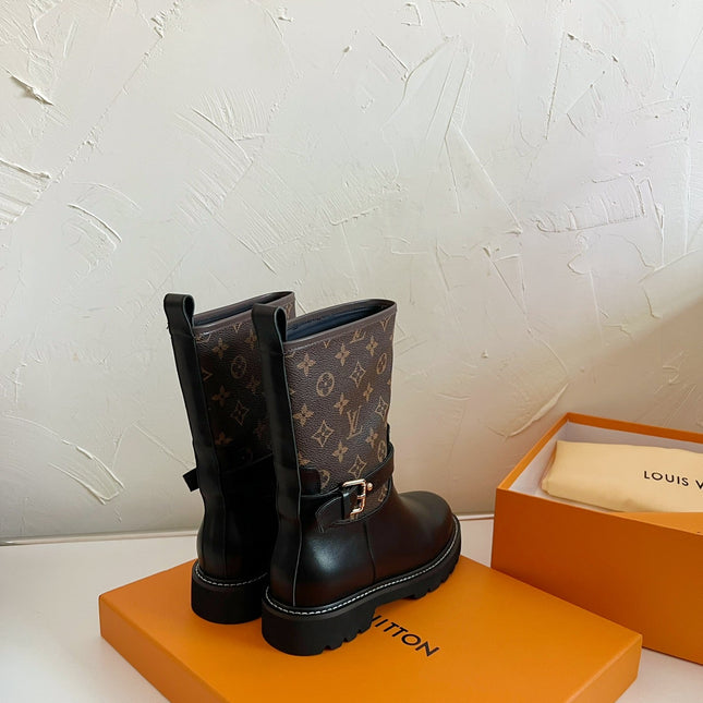 TERRITORY FLAT ANKLE BOOT IN BLACK MIX CHOCOLATE BROWN MONOGRAM CALFSKIN