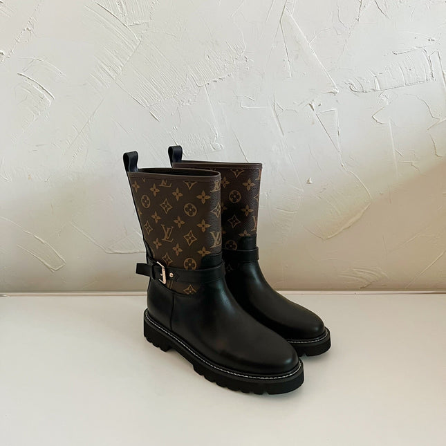 TERRITORY FLAT ANKLE BOOT IN BLACK MIX CHOCOLATE BROWN MONOGRAM CALFSKIN