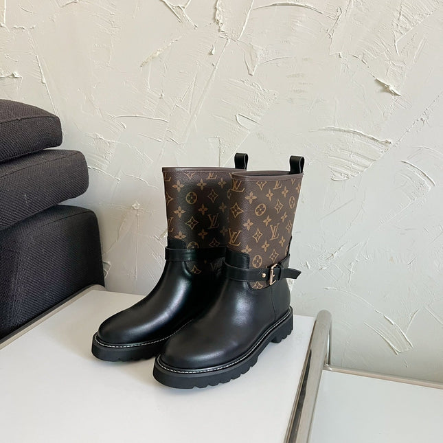 TERRITORY FLAT ANKLE BOOT IN BLACK MIX CHOCOLATE BROWN MONOGRAM CALFSKIN