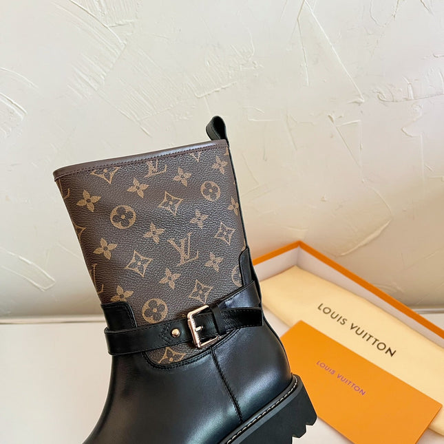TERRITORY FLAT ANKLE BOOT IN BLACK MIX CHOCOLATE BROWN MONOGRAM CALFSKIN