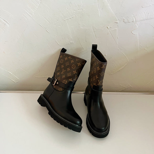 TERRITORY FLAT ANKLE BOOT IN BLACK MIX CHOCOLATE BROWN MONOGRAM CALFSKIN