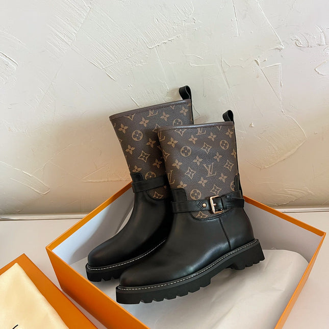 TERRITORY FLAT ANKLE BOOT IN BLACK MIX CHOCOLATE BROWN MONOGRAM CALFSKIN
