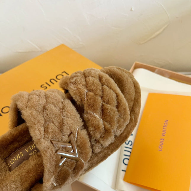 LV SUNSET PLATFORM COMFORT MULE IN CHOCOLATE BROWN SHEARLING