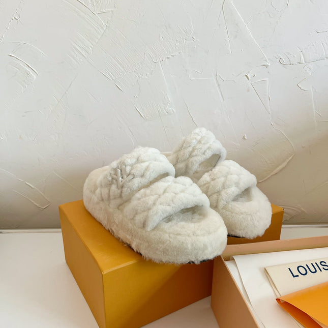 LV SUNSET PLATFORM COMFORT MULE IN WHITE SHEARLING