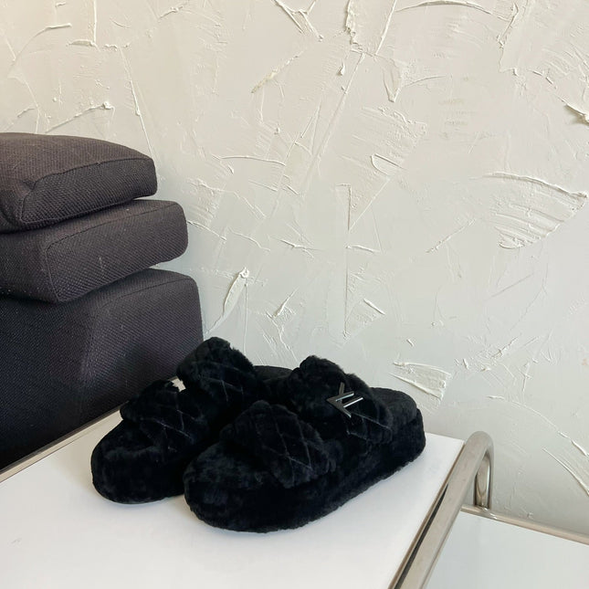 LV SUNSET PLATFORM COMFORT MULE IN BLACK SHEARLING