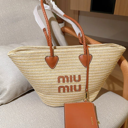 PALMETTO TOTE BAG 25 IN BEIGE WOVEN RAFFIA BROWN CALFSKIN TRIM