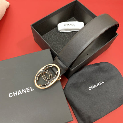 CC 40 MM CIRCLE BUCKLE BELT IN BLACK CALFSKIN WITH GOLD MIX BLACK HARDWARE