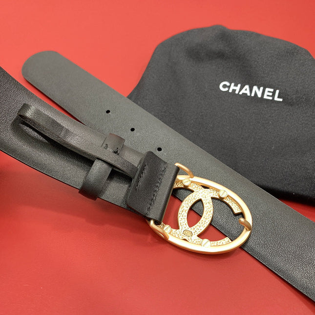 CC 40 MM CIRCLE BUCKLE BELT IN BLACK CALFSKIN WITH GOLD MIX BLACK HARDWARE