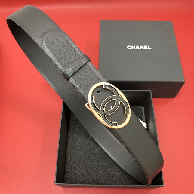 CC 40 MM CIRCLE BUCKLE BELT IN BLACK CALFSKIN WITH GOLD MIX BLACK HARDWARE
