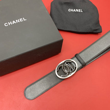 CC 40 MM CIRCLE BUCKLE BELT IN BLACK CALFSKIN WITH SILVER MIX BLACK HARDWARE