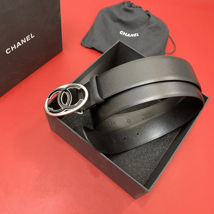 CC 40 MM CIRCLE BUCKLE BELT IN BLACK CALFSKIN WITH SILVER MIX BLACK HARDWARE