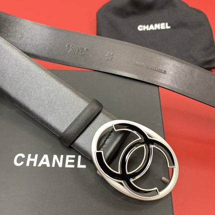 CC 40 MM CIRCLE BUCKLE BELT IN BLACK CALFSKIN WITH SILVER MIX BLACK HARDWARE