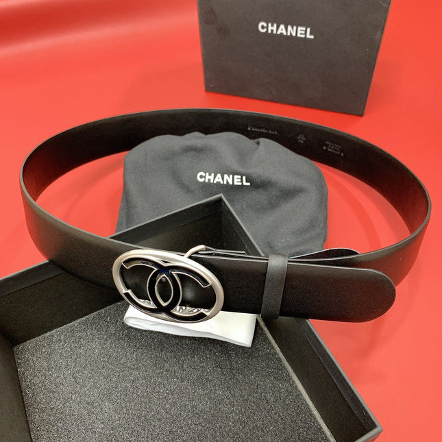 CC 40 MM CIRCLE BUCKLE BELT IN BLACK CALFSKIN WITH SILVER MIX BLACK HARDWARE