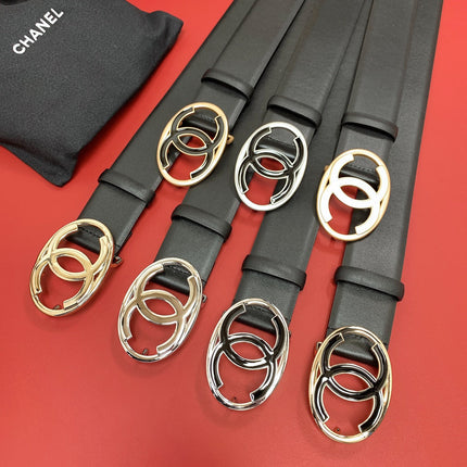 CC 40 MM CIRCLE BUCKLE BELT IN BLACK CALFSKIN WITH GOLD MIX WHITE HARDWARE