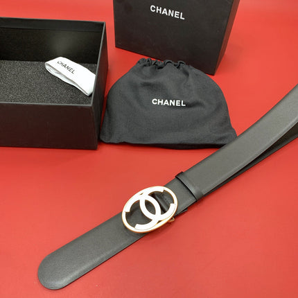 CC 40 MM CIRCLE BUCKLE BELT IN BLACK CALFSKIN WITH GOLD MIX WHITE HARDWARE