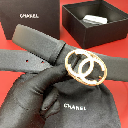 CC 40 MM CIRCLE BUCKLE BELT IN BLACK CALFSKIN WITH GOLD MIX WHITE HARDWARE