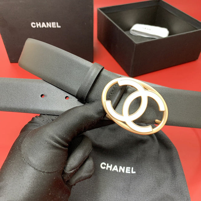 CC 40 MM CIRCLE BUCKLE BELT IN BLACK CALFSKIN WITH GOLD MIX WHITE HARDWARE