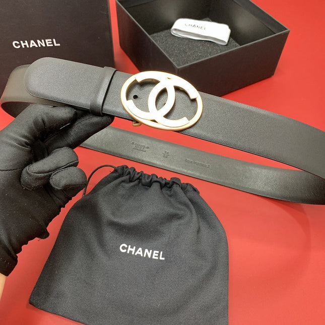 CC 40 MM CIRCLE BUCKLE BELT IN BLACK CALFSKIN WITH GOLD MIX WHITE HARDWARE