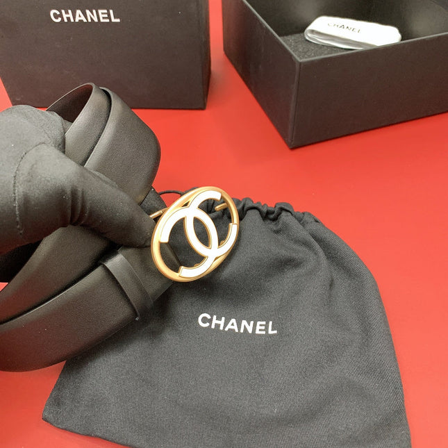 CC 40 MM CIRCLE BUCKLE BELT IN BLACK CALFSKIN WITH GOLD MIX WHITE HARDWARE
