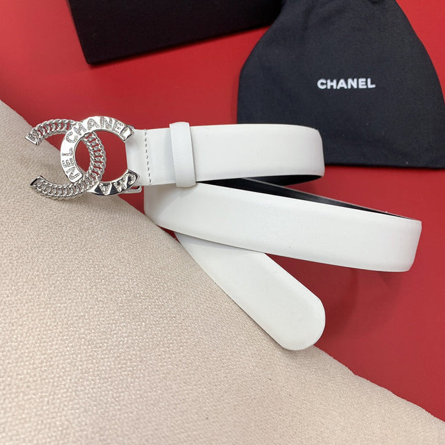 CC MEDIUM 30 MM BELT WHITE CALFSKIN SILVER HARDWARE WITH LETTER