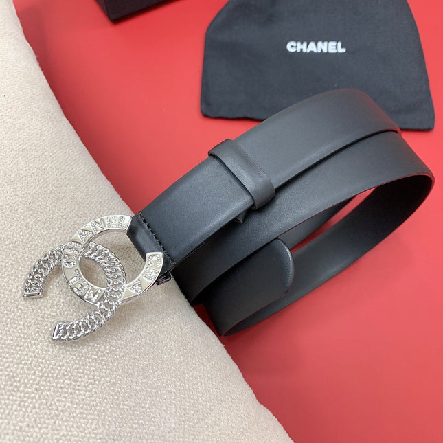CC MEDIUM 30 MM BELT BLACK CALFSKIN SILVER HARDWARE WITH LETTER