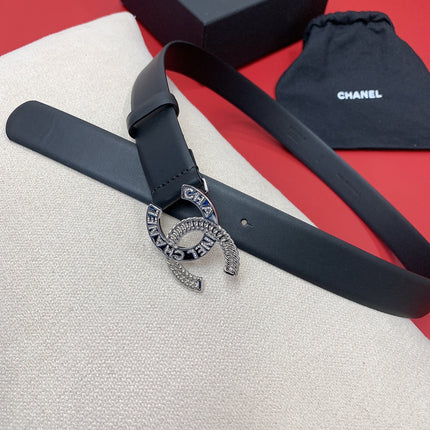 CC MEDIUM 30 MM BELT BLACK CALFSKIN SILVER HARDWARE WITH LETTER