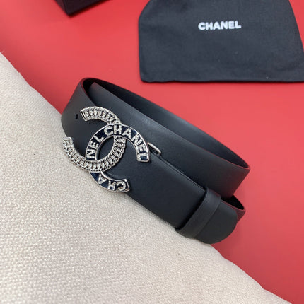 CC MEDIUM 30 MM BELT BLACK CALFSKIN SILVER HARDWARE WITH LETTER