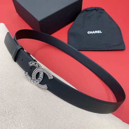 CC MEDIUM 30 MM BELT BLACK CALFSKIN SILVER HARDWARE WITH LETTER