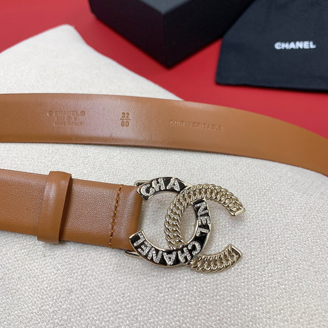 CC MEDIUM 30 MM BELT BRONZE BROWN CALFSKIN GOLD HARDWARE WITH LETTER