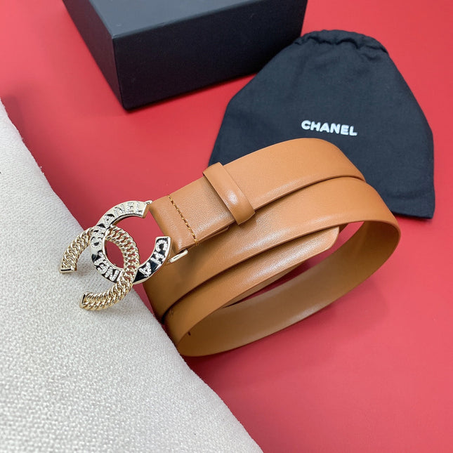 CC MEDIUM 30 MM BELT BRONZE BROWN CALFSKIN GOLD HARDWARE WITH LETTER