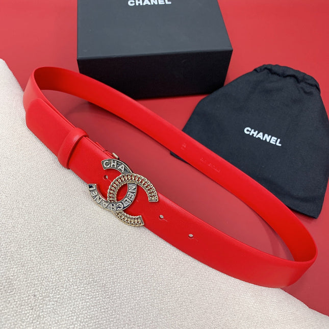 CC MEDIUM 30 MM BELT CHERRY RED CALFSKIN GOLD HARDWARE WITH LETTER