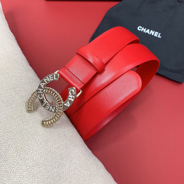 CC MEDIUM 30 MM BELT CHERRY RED CALFSKIN GOLD HARDWARE WITH LETTER
