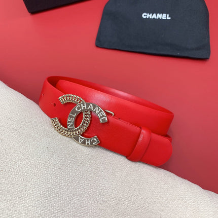 CC MEDIUM 30 MM BELT CHERRY RED CALFSKIN GOLD HARDWARE WITH LETTER