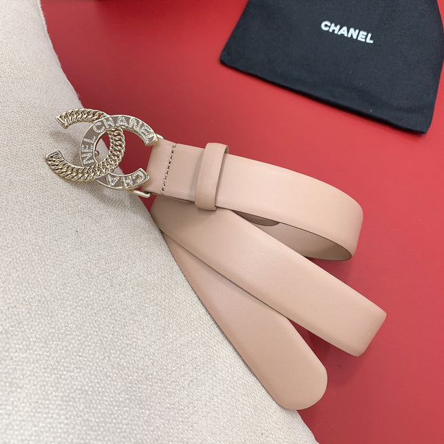 CC MEDIUM 30 MM BELT ALMOND BEIGE CALFSKIN GOLD HARDWARE WITH LETTER
