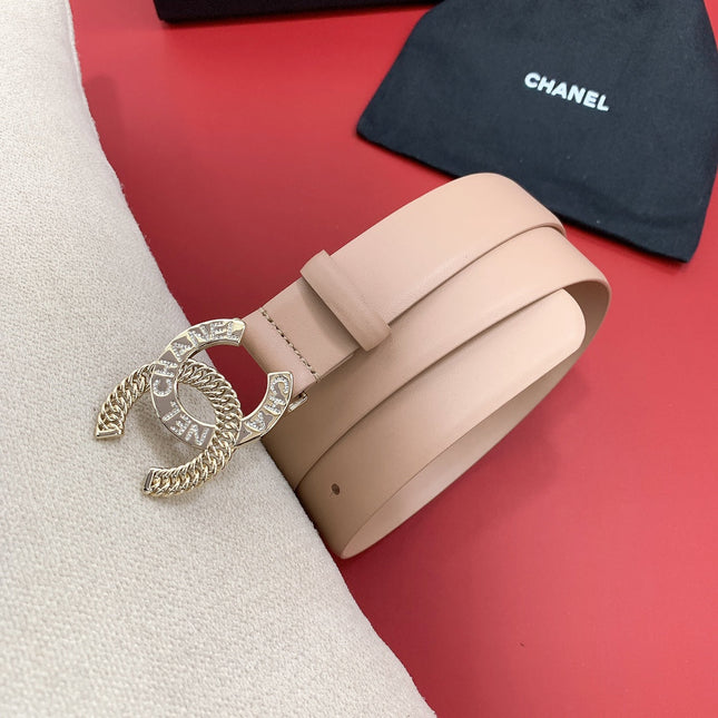 CC MEDIUM 30 MM BELT ALMOND BEIGE CALFSKIN GOLD HARDWARE WITH LETTER