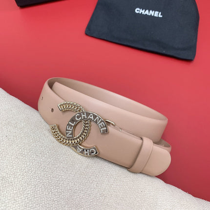 CC MEDIUM 30 MM BELT ALMOND BEIGE CALFSKIN GOLD HARDWARE WITH LETTER