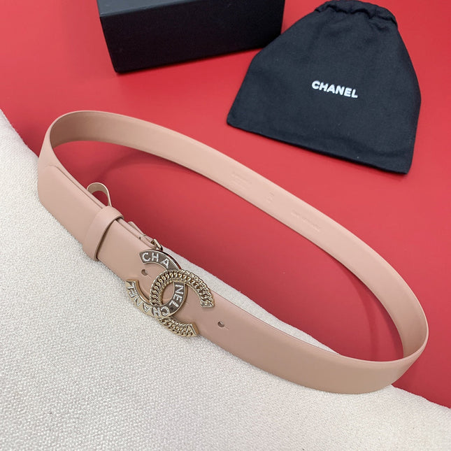 CC MEDIUM 30 MM BELT ALMOND BEIGE CALFSKIN GOLD HARDWARE WITH LETTER