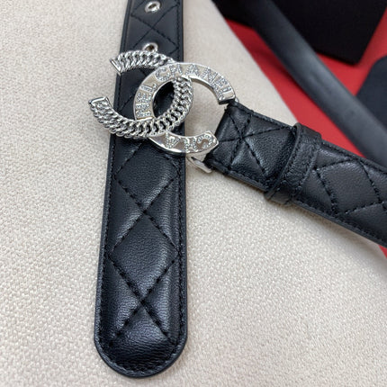 CC MEDIUM 30 MM BELT BLACK EMBROIDERED CALFSKIN SILVER HARDWARE WITH LETTER