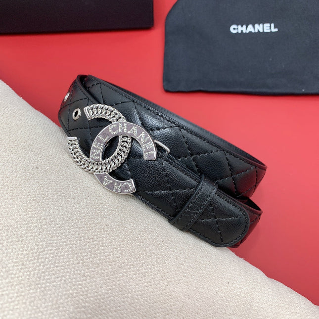 CC MEDIUM 30 MM BELT BLACK EMBROIDERED CALFSKIN SILVER HARDWARE WITH LETTER