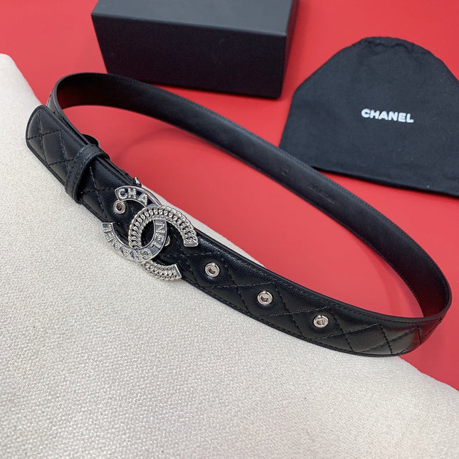 CC MEDIUM 30 MM BELT BLACK EMBROIDERED CALFSKIN SILVER HARDWARE WITH LETTER
