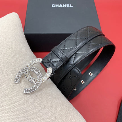CC MEDIUM 30 MM BELT BLACK EMBROIDERED CALFSKIN SILVER HARDWARE WITH LETTER