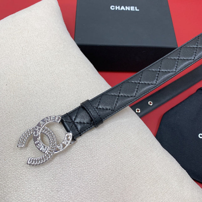 CC MEDIUM 30 MM BELT BLACK EMBROIDERED CALFSKIN SILVER HARDWARE WITH LETTER