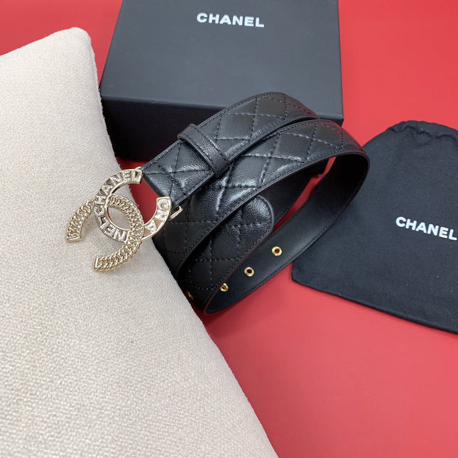 CC MEDIUM 30 MM BELT BLACK EMBROIDERED CALFSKIN GOLD HARDWARE WITH LETTER