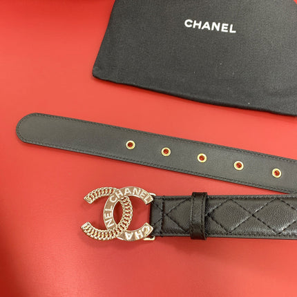 CC MEDIUM 30 MM BELT BLACK EMBROIDERED CALFSKIN GOLD HARDWARE WITH LETTER