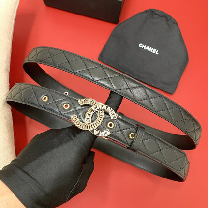 CC MEDIUM 30 MM BELT BLACK EMBROIDERED CALFSKIN GOLD HARDWARE WITH LETTER