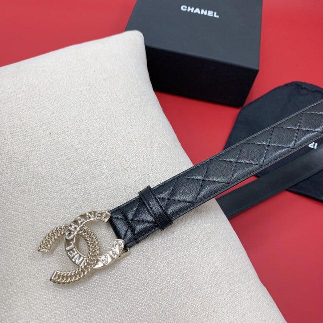 CC MEDIUM 30 MM BELT BLACK EMBROIDERED CALFSKIN GOLD HARDWARE WITH LETTER